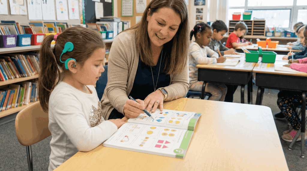 תלמידה עם שתל שבלול עם מורה בכיתה