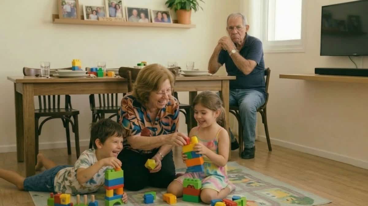 סבא עצוב וסבתא עם הנכדים